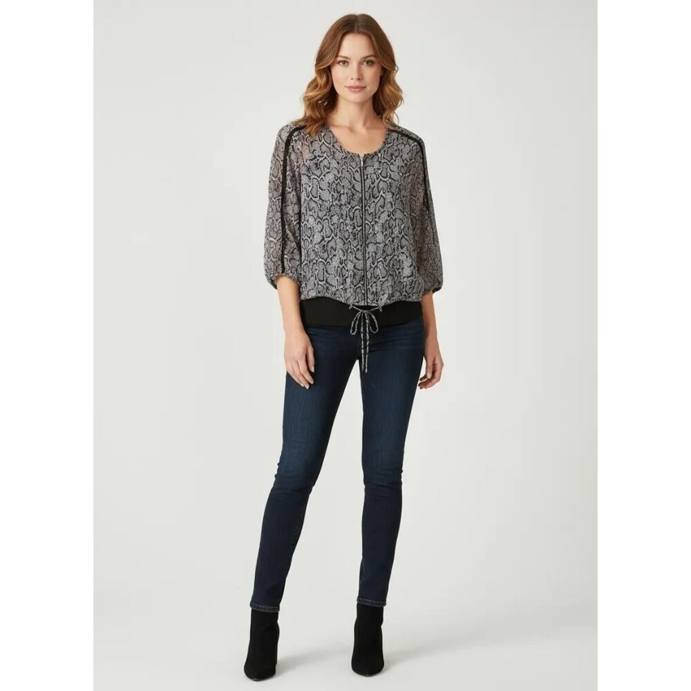 Cache Women's Snakeskin Print Sheer 3/4 Sleeve Blouse Gray Size 4
